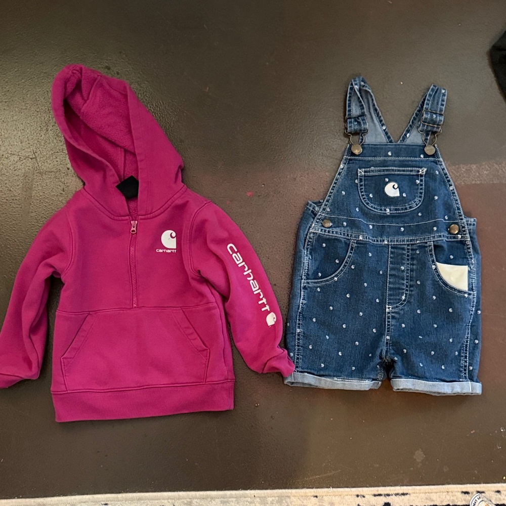 Carhartt Kids Magenta Hoodie and Blue Denim Overalls 2t